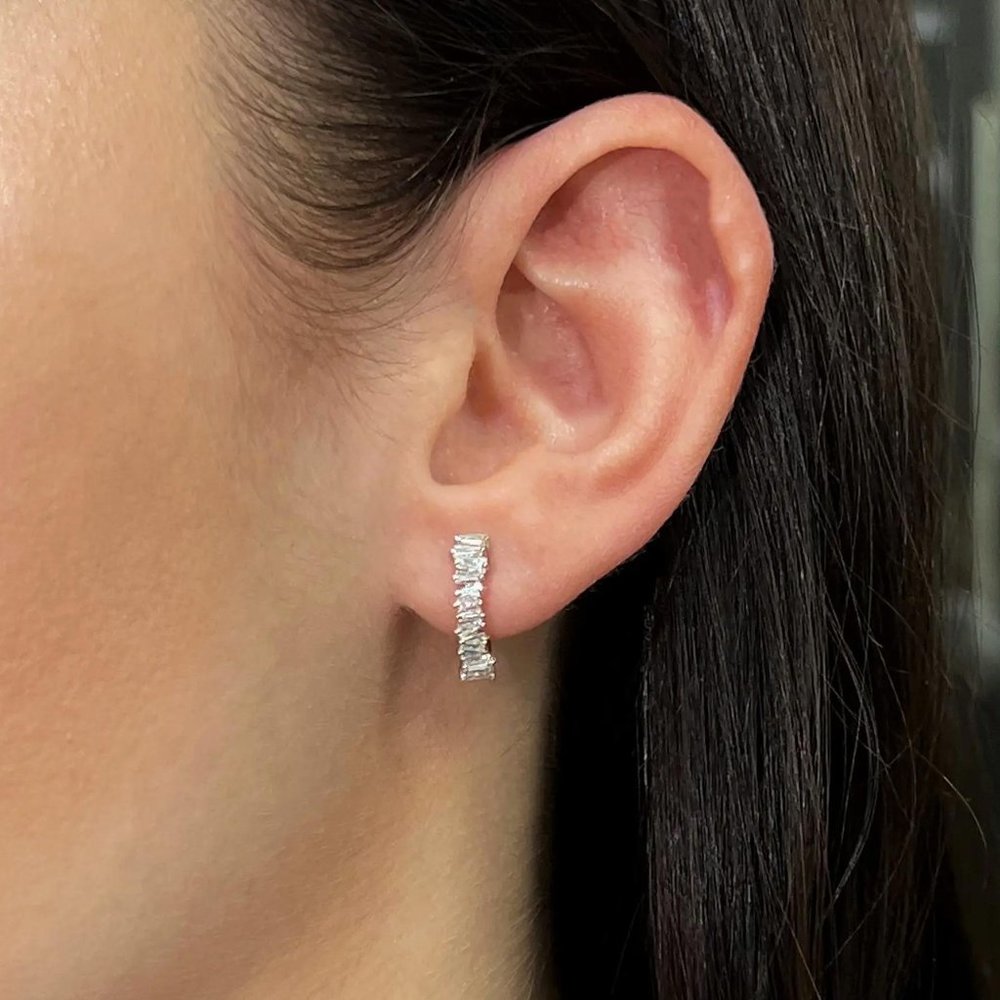Baguette Cut Diamond Huggie Earrings Prong Setting 18K White Gold 0.58Cttw
